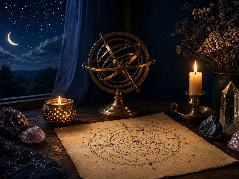 Bureau d'astrologue sous un ciel étoilé, image d'ambiance du site d'exemple Séléné Arcane