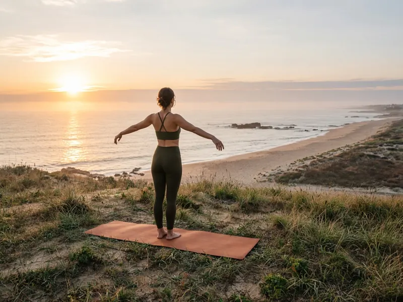 Yoga au lever du soleil face à l'océan, image d'ambiance du site d'exemple Terra Shala