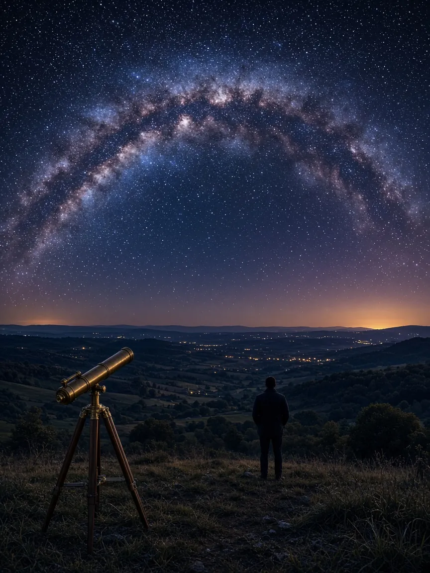 La Voie lactée au-dessus de collines, avec une lunette en laiton et une silhouette lointaine