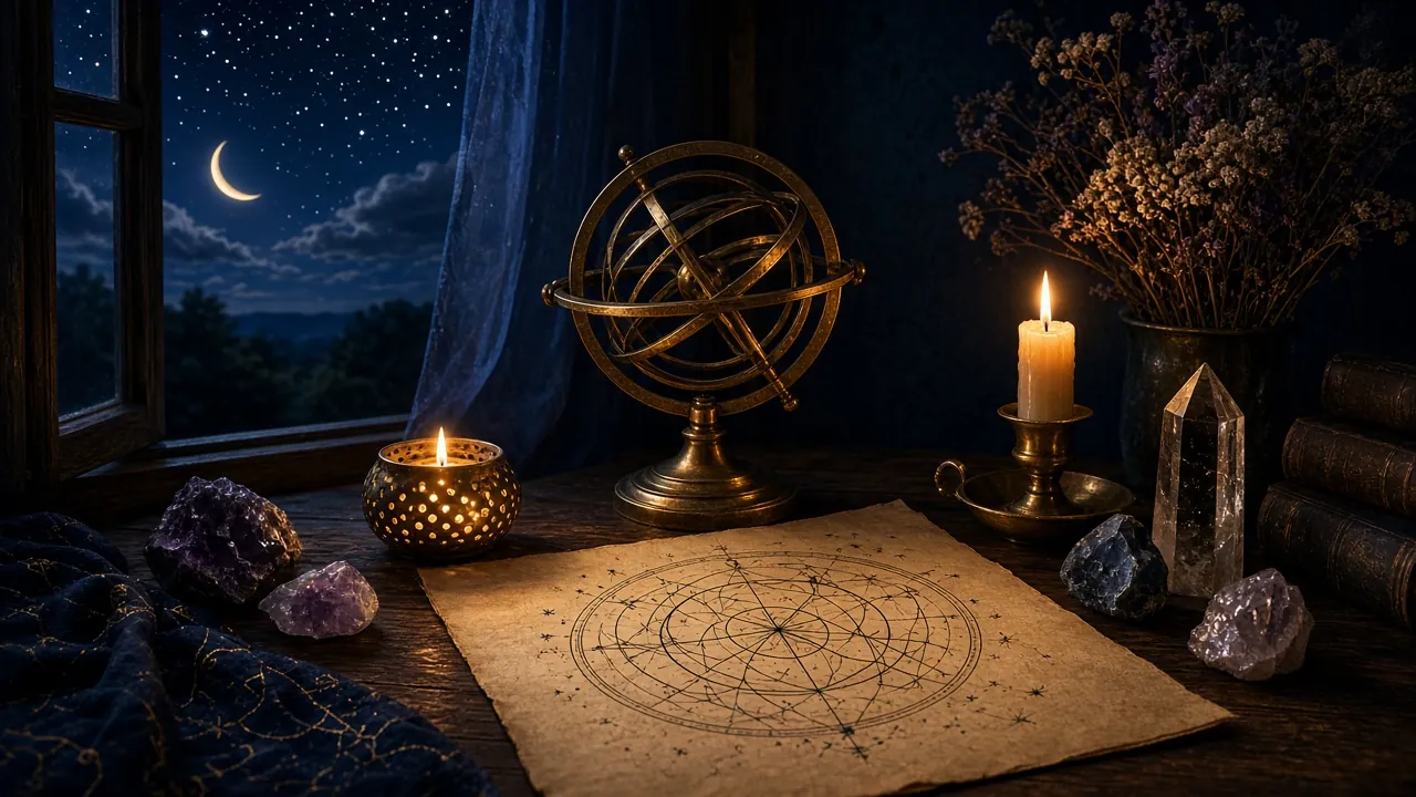 Bureau d'astrologue la nuit : sphère armillaire en laiton, carte du ciel, bougies et cristaux devant une fenêtre étoilée