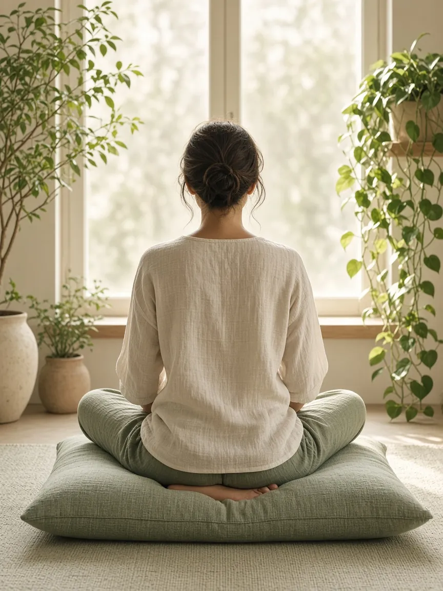 Une personne de dos, assise en tailleur face à une fenêtre lumineuse, en pleine respiration