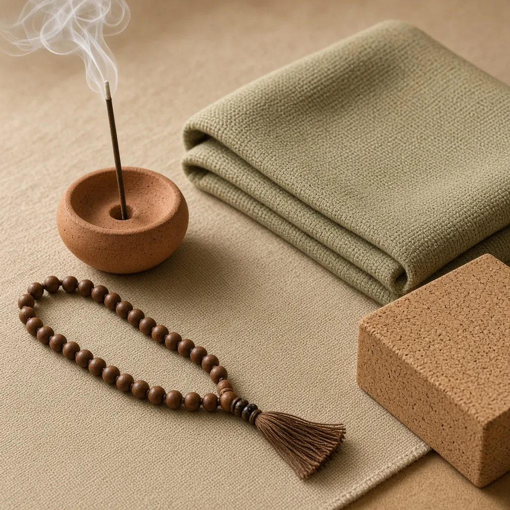 Mala en bois, porte-encens en terre cuite, plaid olive et brique en liège