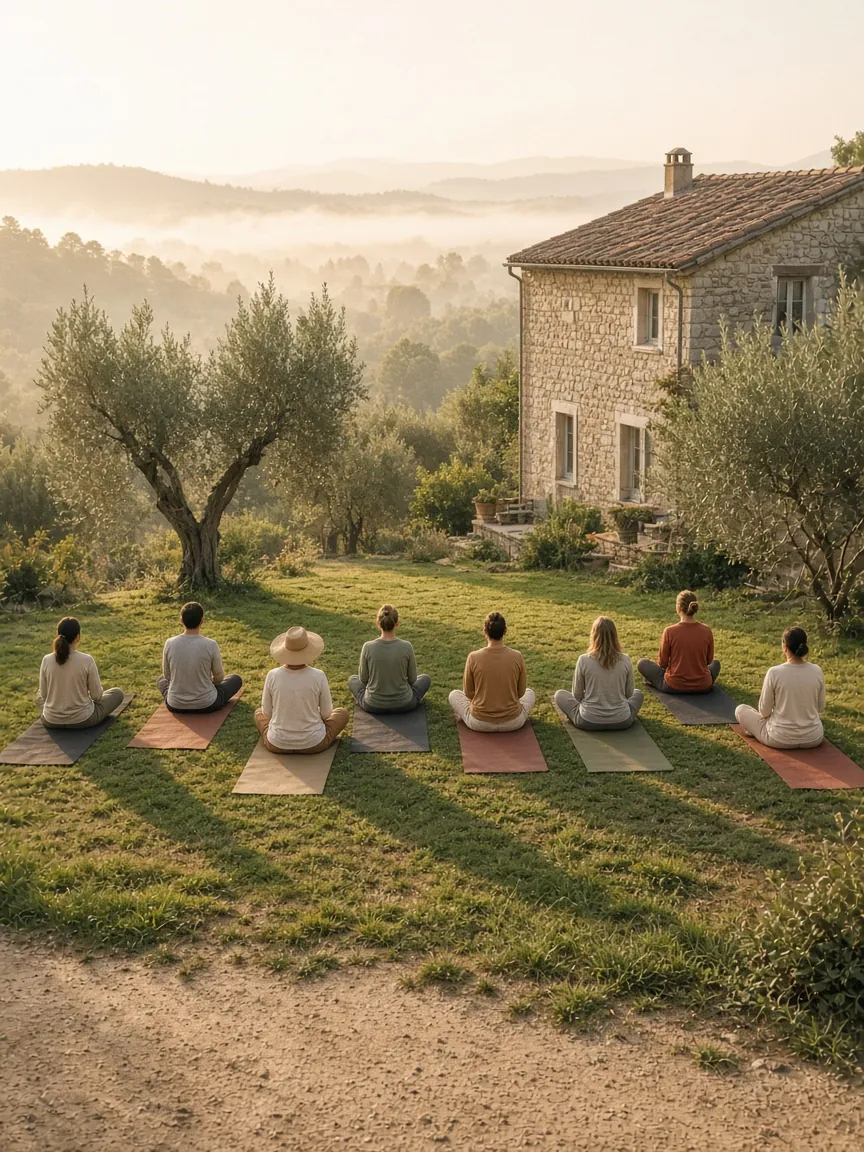 Groupe en méditation de dos sur la pelouse d'un gîte en pierre, parmi les oliviers, au petit matin