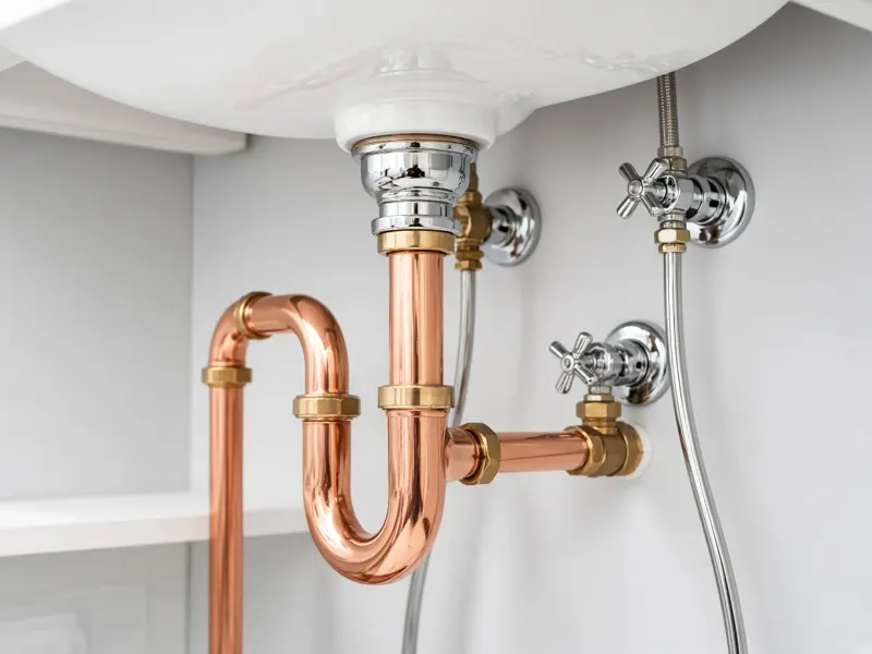 Siphon et tuyaux en cuivre neufs sous un lavabo