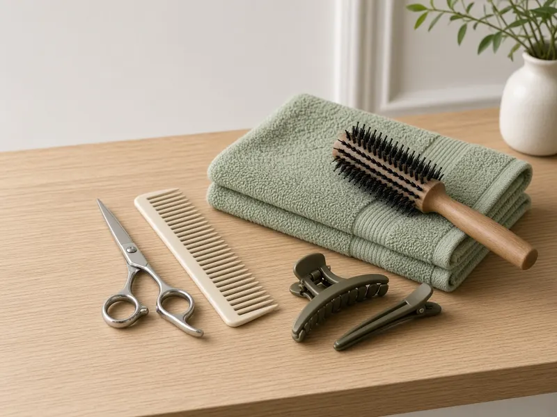 Ciseaux, peigne et brosse sur un comptoir en bois