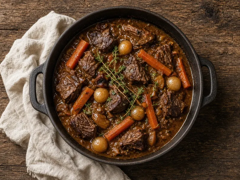 Bœuf bourguignon dans une cocotte en fonte