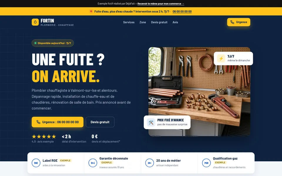 Aperçu ordinateur du site d'un plombier fictif