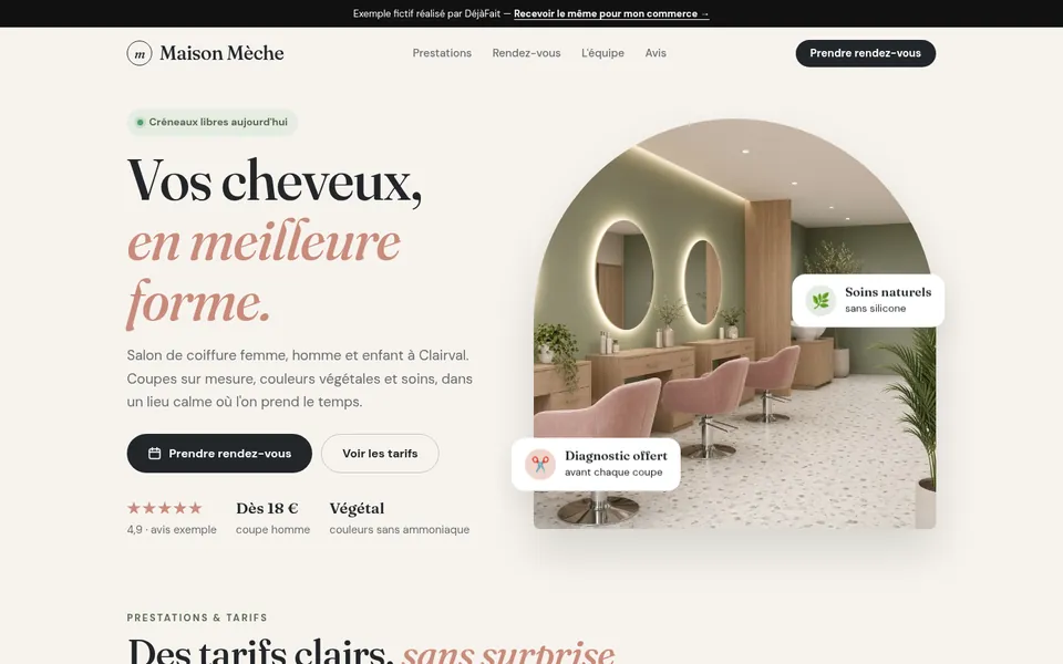 Aperçu ordinateur du site d'un salon de coiffure fictif