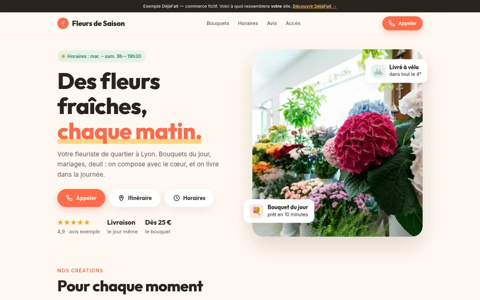 Aperçu ordinateur du site d'un fleuriste fictif
