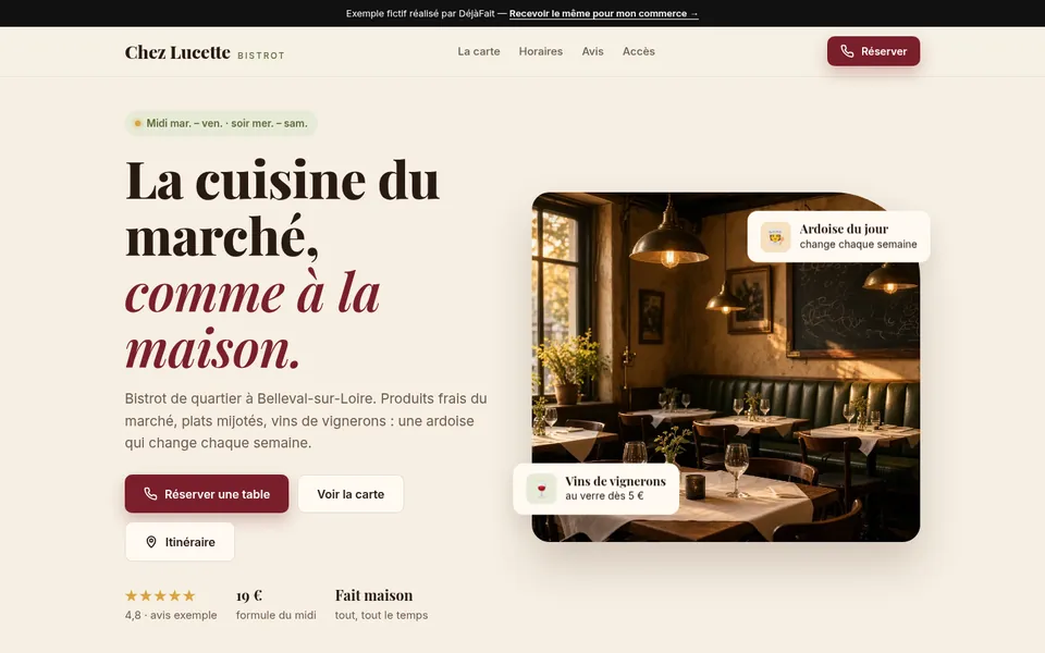 Aperçu ordinateur du site d'un bistrot fictif