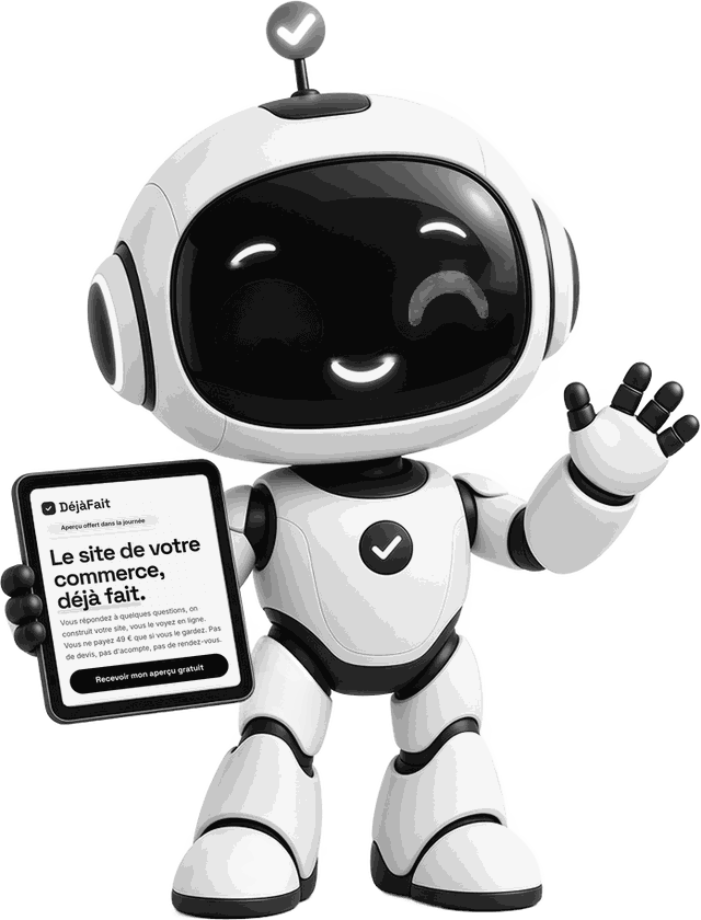 Le robot DéjàFait présente un site DéjàFait sur sa tablette
